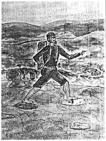 Fig. 101: Tusjtegning av mann som går tur i fjellet