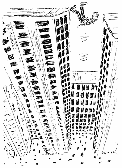 Fig 67: Barnetegning av gutt som faller fra skyskraper