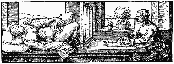 Fig 70: Dürer-tegning av mann som tegner kvinne gjennom rutenett